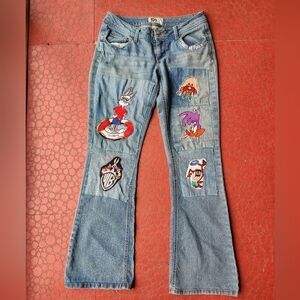 Upcycled Looney Tunes So Jeans 7 Flare Patches Low Rise Y2K Boho Hippie Grunge